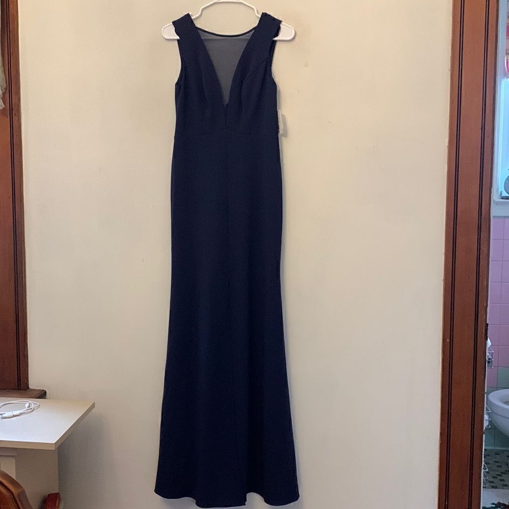 David’s Bridal navy high neck sheer plunging neck line Sleeveless Size 4 NWT
